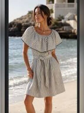 Trina Turk Out of Office Cream and Black Striped Off-Shoulder Linen Mini Dress